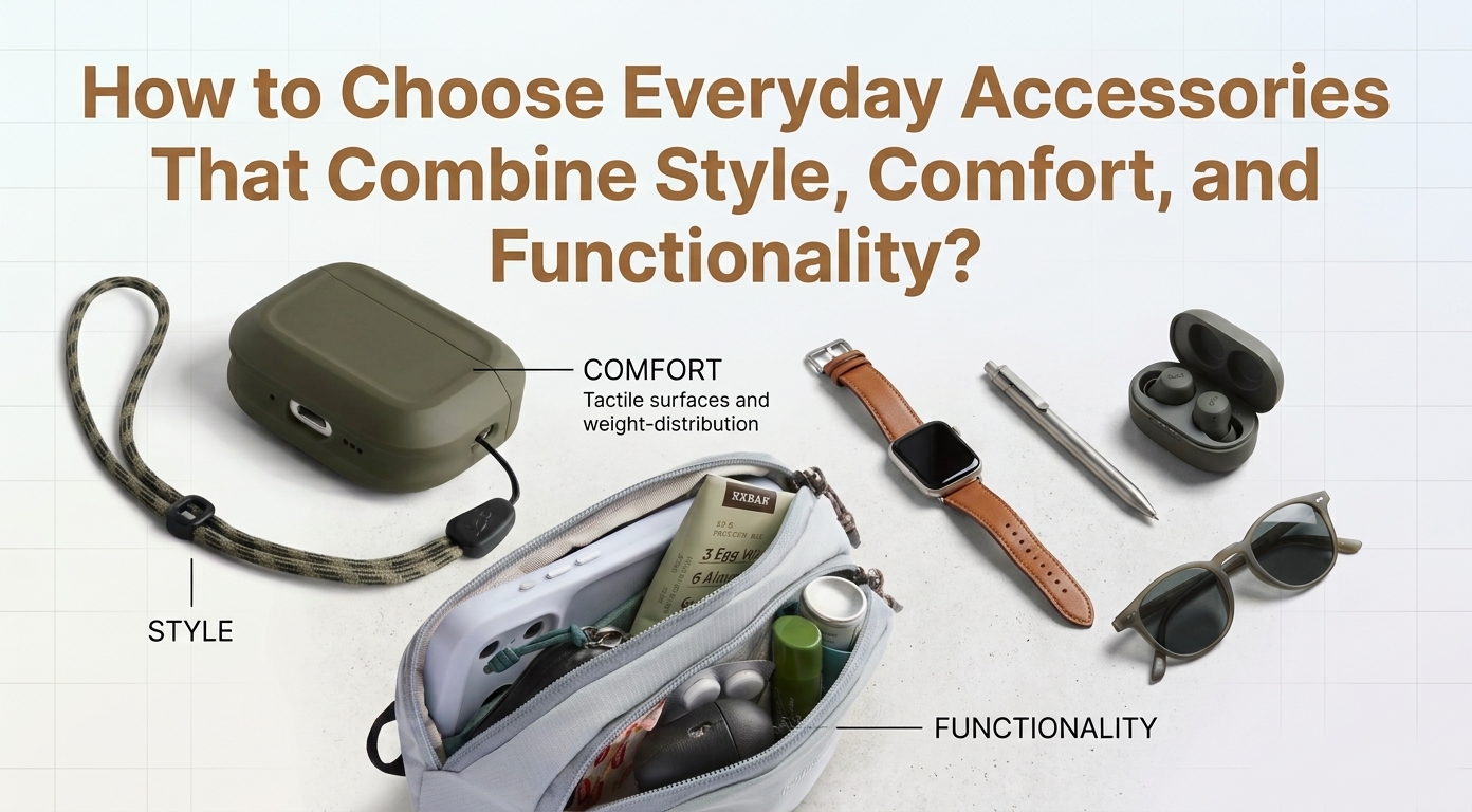 Everyday accessories including a YSL designer bag, men's billfold wallet, and Bellroy travel organizer