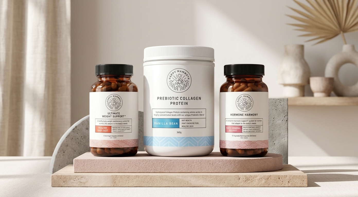 Happy Mammoth, Mammoth Protein, Hormonal Harmony Plus, and Wellness Supplements